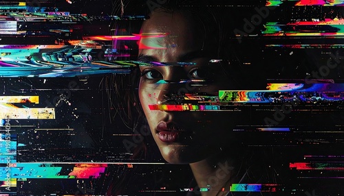 A distorted portrait of a woman with glitchy effects