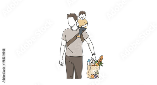 Joyful Father Carries Young Child on Shoulders While Holding Groceries Suggesting Family Time Shopping Outing And Parental Care And Healthy Lifestyle Activities Together