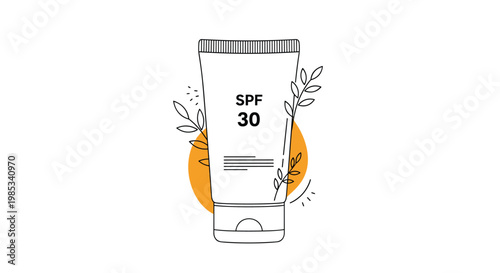 Tube of SPF 30 sunscreen lotion with green leaf decorations on a clean white background with an orange circle.