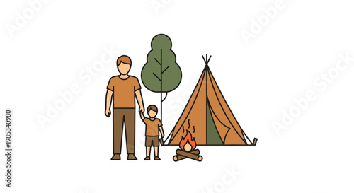 Father and child enjoying a camping trip with a tent and campfire depicting outdoor leisure and family bonding experiences in nature settings promoting adventure and recreational activities for