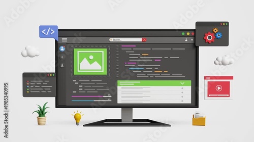 Low Code or No Code Development Concept on a Computer Screen. Easy Coding, Low Code Platform, Modern Software Creation Process, AI Automation, App Creation, Innovation, IT Solutions. 4K 3D Video