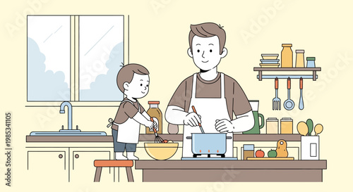 A nurturing father and his young son happily prepare a meal together in a bright kitchen engaging in a shared activity promoting family bonding and culinary learning with joy and warmth