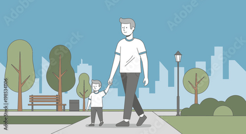 A father and his young son enjoy a pleasant stroll together while holding hands walking along a paved path in a vibrant city park during the daytime with trees benches and architectural