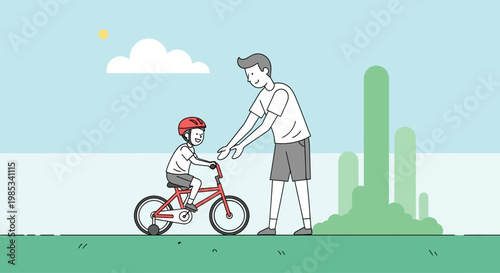 Father teaching his son to ride a bicycle on a sunny day outdoors with a clear blue sky and green landscape showing a learning process and family bonding activity development skills