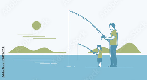 Father and child enjoy peaceful outdoor recreational activity together casting fishing lines into calm water with rolling hills and hazy sun setting on the horizon portraying family bonding and