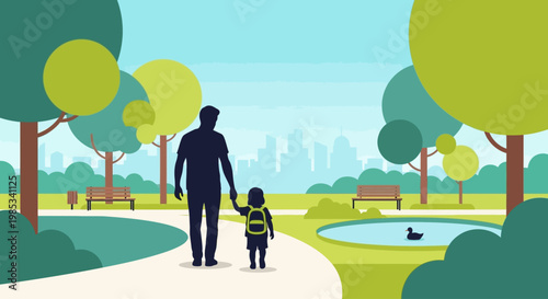 Father and young child walk hand in hand on a paved path through a vibrant city park on a clear sunny day showcasing family togetherness and outdoor recreation amidst lush trees benches and a