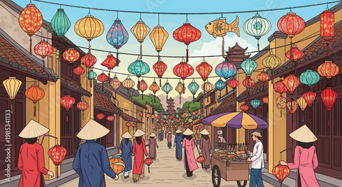 Vibrant Asian Street Scene with Lanterns and People in Traditional Attire