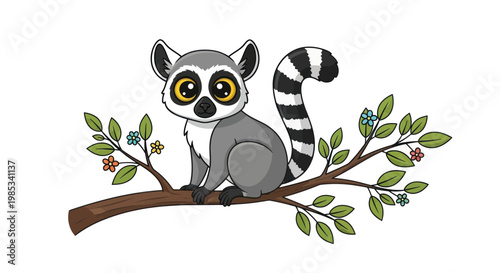 Cute Ring-tailed Lemur Sitting on a Tree Branch with Flowers