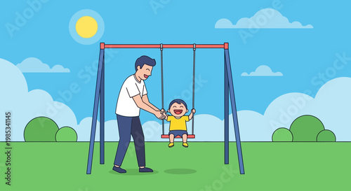 Joyful father pushes happy child on park swing set with sun and clouds in vibrant outdoor playground scene representing family fun and childhood memories