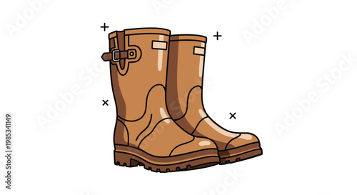Pair of brown waterproof rubber boots for gardening or rain with buckles and heavy soles on a white background.