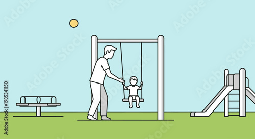 An adult pushes a small child on a swing set at an outdoor playground enjoying leisure time together amidst sunny weather and recreational equipment