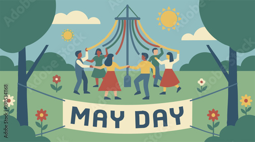 People dancing around a colorful Maypole during a vibrant May Day celebration