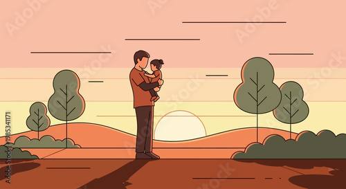 A gentle father carries his small child in a warm sunset outdoor setting with stylized trees and rolling hills conveying love and parenthood during a peaceful evening stroll in stylized nature