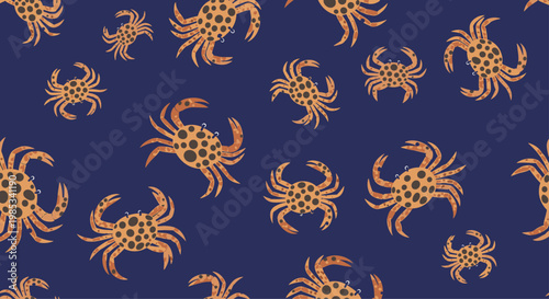 Fun seamless pattern of several orange spotted crabs crawling on a dark blue background for sea and ocean themes.
