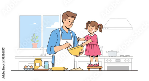 Father and daughter happily bake together in a bright home kitchen mixing ingredients and creating delicious treats for family enjoyment and shared recreational activity fostering bonding and