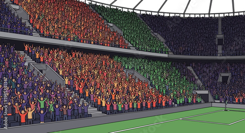 Vibrant Stadium Crowd Cheering with Arms Raised in Colorful Seating