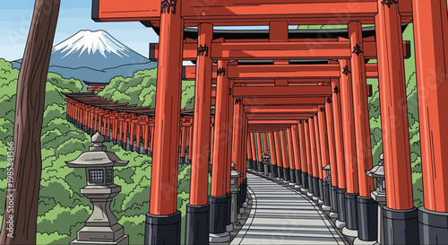 Vibrant Torii Gates Path Leading to Majestic Mount Fuji, Japan