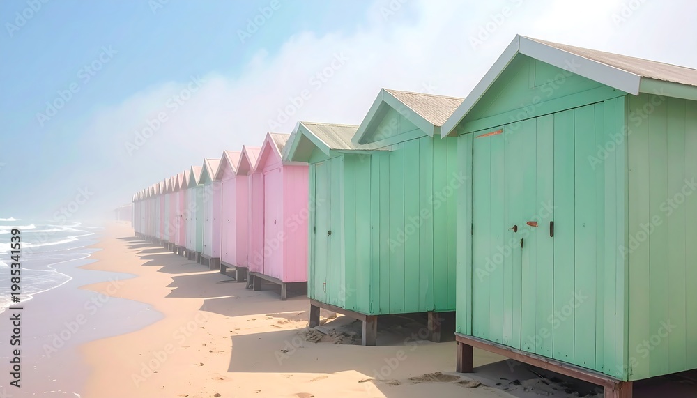 Naklejka premium A serene beach scene with colorful wooden huts