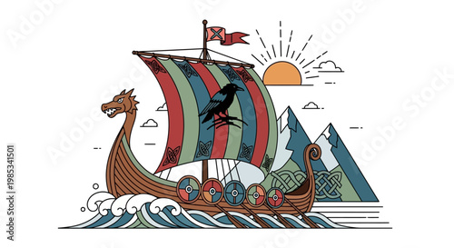 Viking Longship Sailing at Sunrise with Mountains and Raven