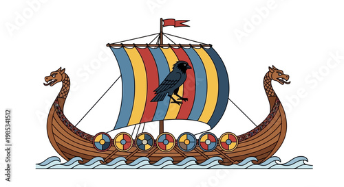 Viking Longship with Raven and Colorful Sail on Wavy Sea