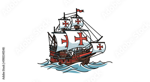 Vintage Caravel Ship Sailing on Wavy Sea, Historical Exploration Vessel