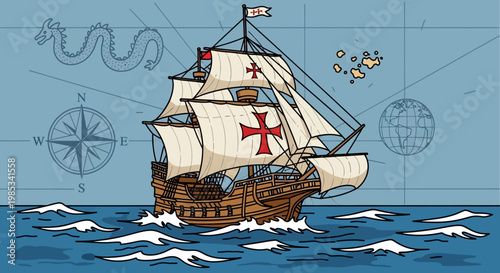 Vintage Galleon Sailing on Ocean with Nautical Map Elements