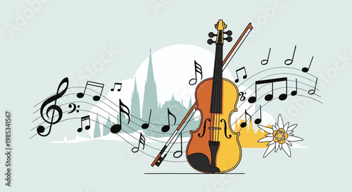 Violin and Music Notes on a Stylized Background with Mountains and Flower