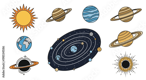 Educational set of space icons featuring planets like saturn and earth the sun a solar system map and a black hole on a white background.