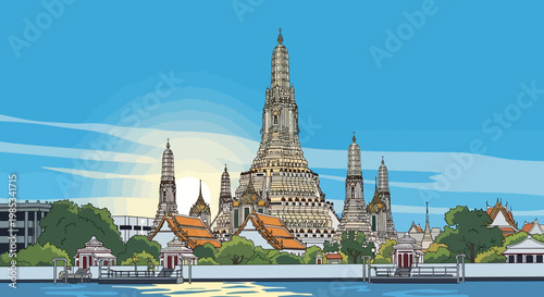 Wat Arun Temple Bangkok Skyline, Thailand
