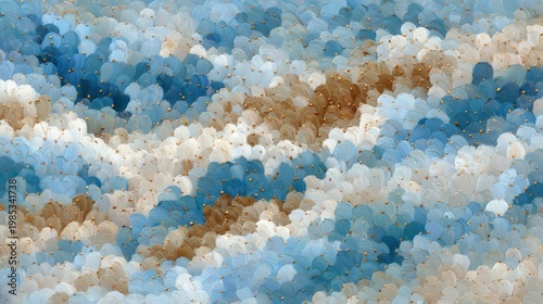 Image Metadata
Description: An abstract macro image of textured blue, white, and brown silica gel beads. The spherical granules create a wavy, topographical pattern with a soft, matte finish.