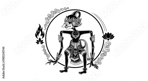 Wayang Kulit Shadow Puppet Character with Ornate Circle Frame, Fire, and Lotus