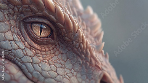 An extreme macro close-up of a dragon's eye and scaly skin. The detailed texture shows intricate reptilian scales in earth tones with a sharp, slit-pupil amber eye.