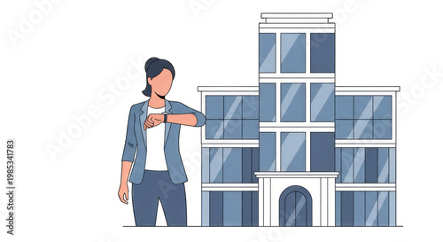 Woman checking watch outside modern office building, business professional timing