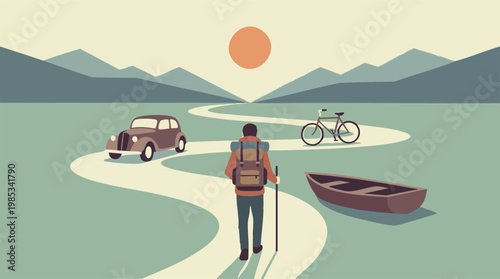 Traveler's Journey on a Winding Road with Multiple Transport Options