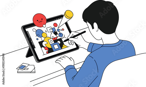 Young artist drawing on tablet, digital art creation, creativity and technology concept