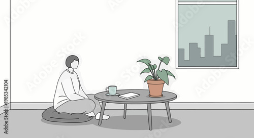 Man Sitting on Floor with Mug.