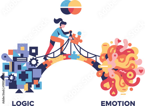 Woman Balancing Logic and Emotion Bridge Concept Illustration of Rational and Creative Thinking