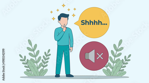 Illustration of a man gesturing for silence with a speech bubble and mute icon