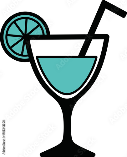Refreshing Blue Cocktail with Lemon Slice and Straw, Summer Drink Icon