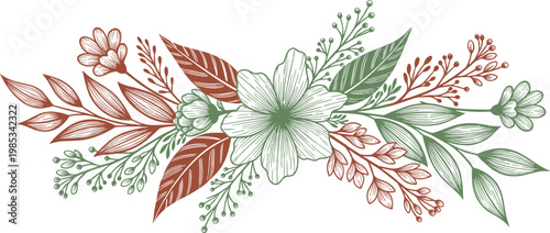 Vintage Botanical Floral Swag Arrangement - Hand Drawn Flowers & Leaves