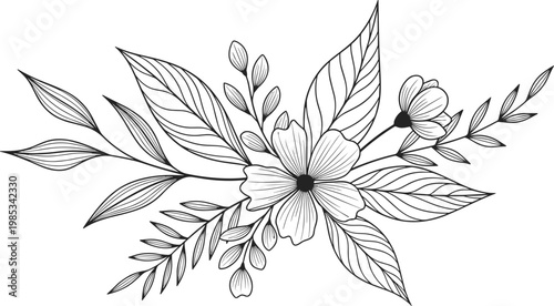 Hand-drawn floral arrangement with leaves and flowers, elegant botanical sketch, isolated on white background.