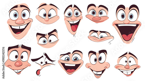 Collection of Cartoon Faces Expressing Various Emotions and Expressions.