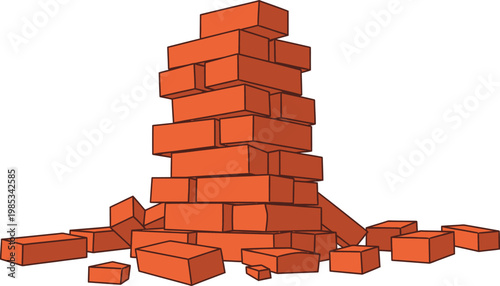 Stack of red bricks tumbling down in a messy pile