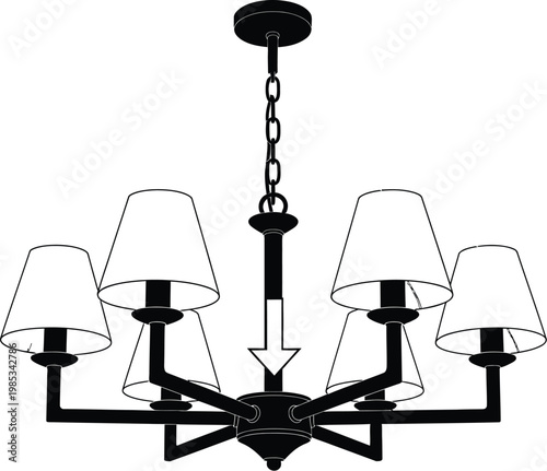 Black chandelier with six lampshades hanging from ceiling