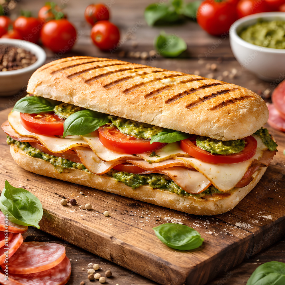 Obraz premium Delicious Grilled Sandwich with Fresh Ingredients on Wooden Board.