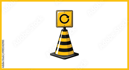 Traffic cone with a circular arrow sign on top indicating diversion