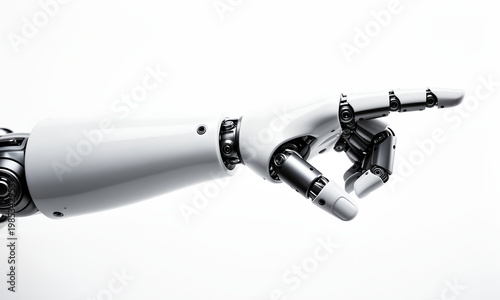 Advanced robotic hand pointing forward with intricate metallic joints on white background