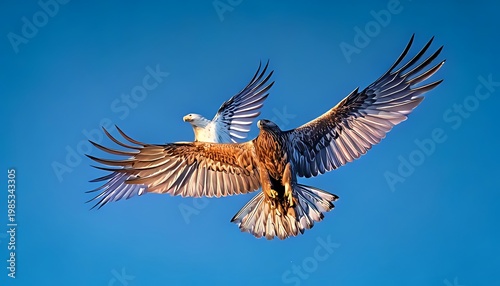 Two majestic birds, possibly eagles, soar gracefully against a bright blue sky. Their wings are spread wide