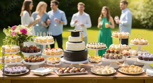 Outdoor table full of desserts for a festive graduation party