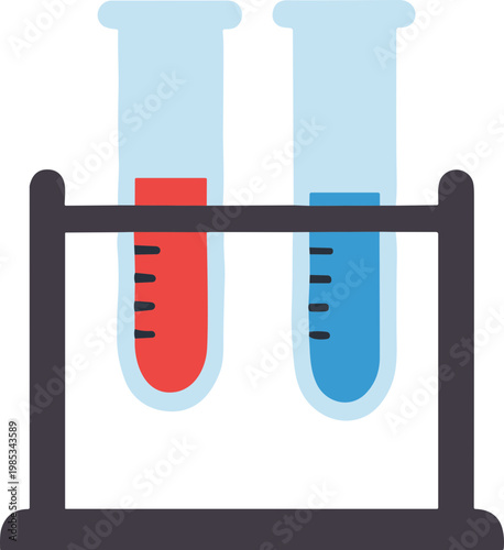 Two test tubes with red and blue liquid in a laboratory rack, science experiment concept